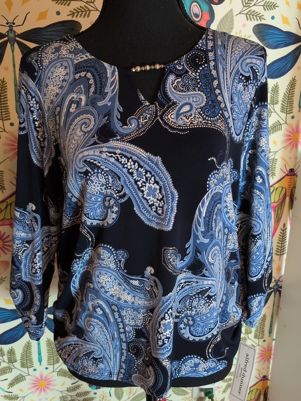 NWT! Alfred Dunner Petite  Blue And Gold Paisley Long-Sleeve Top
